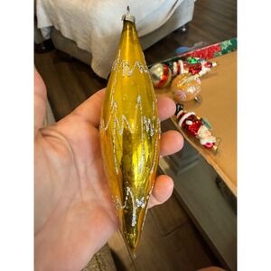 Vintage West Germany Gold Glass Christmas Ornament Glitter Zig Zag Torpedo MCM